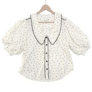 Vtg LIFE Polka Dot Peter Pan Collar Bubble hem Sleeve Button Up Blouse Piping S